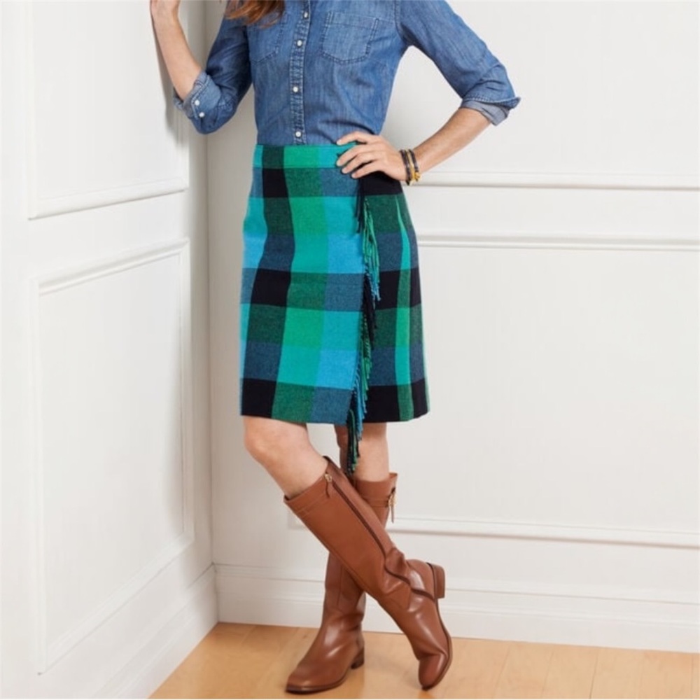 Talbots NWT $119 plaid wool skirt green blue women’s 4 P